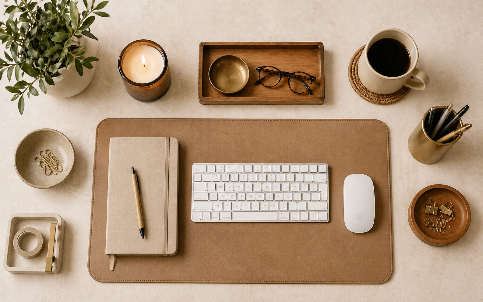 Curated desk accessories on warm stone background, Amazon products, flat lay, overhead shot, neutral tones