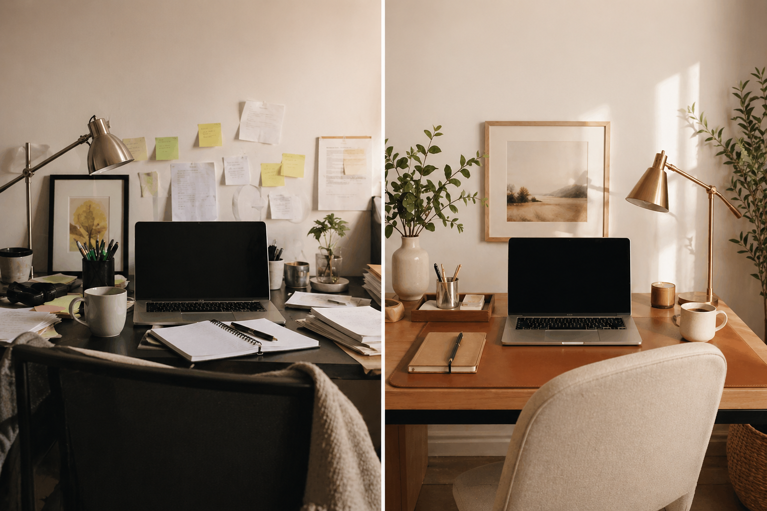 Before and after of a refreshed home office setup