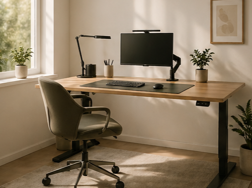 The Minimalist Setup — clean desk with a laptop, plant, and lamp